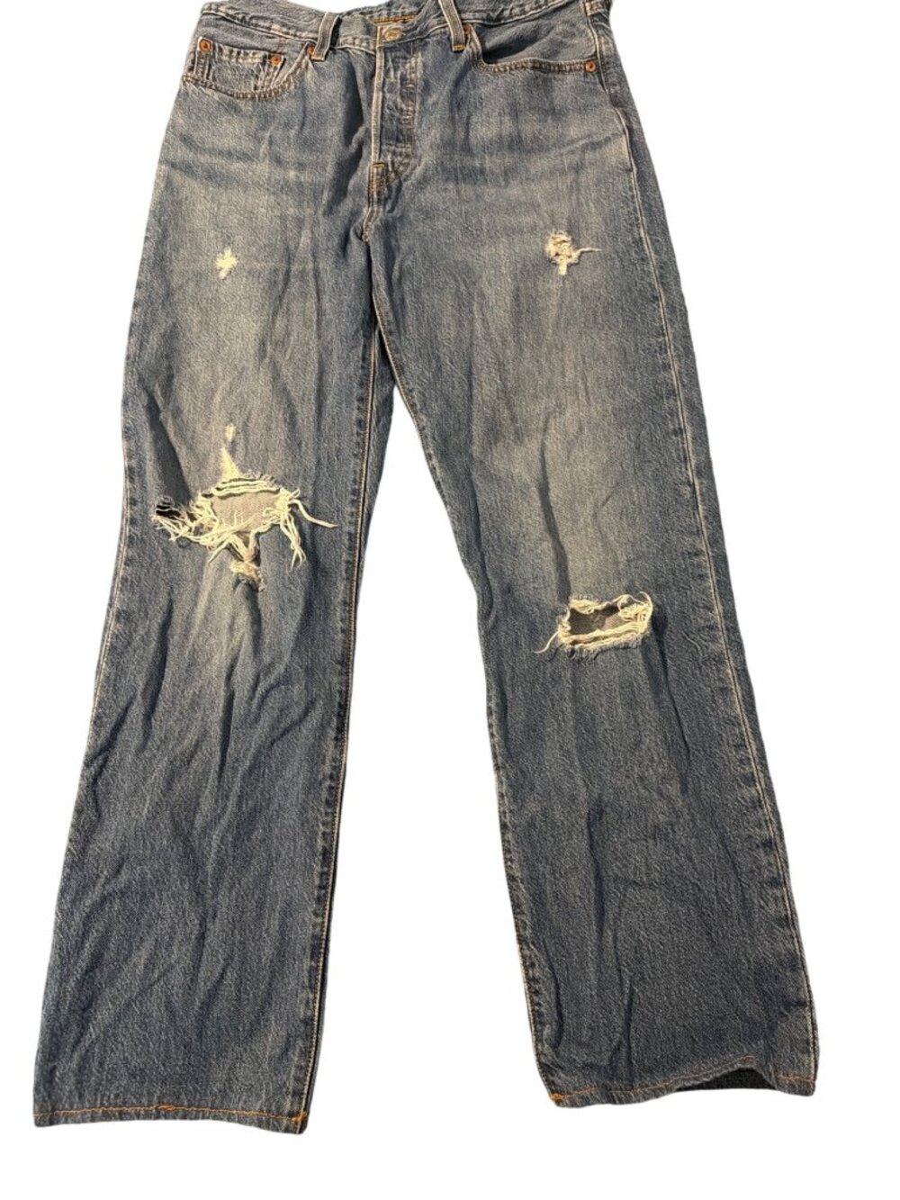Levis 501 Button Fly Distressed Blue Denim Jeans Holes Cotton Sz 28 Hemmed READ
